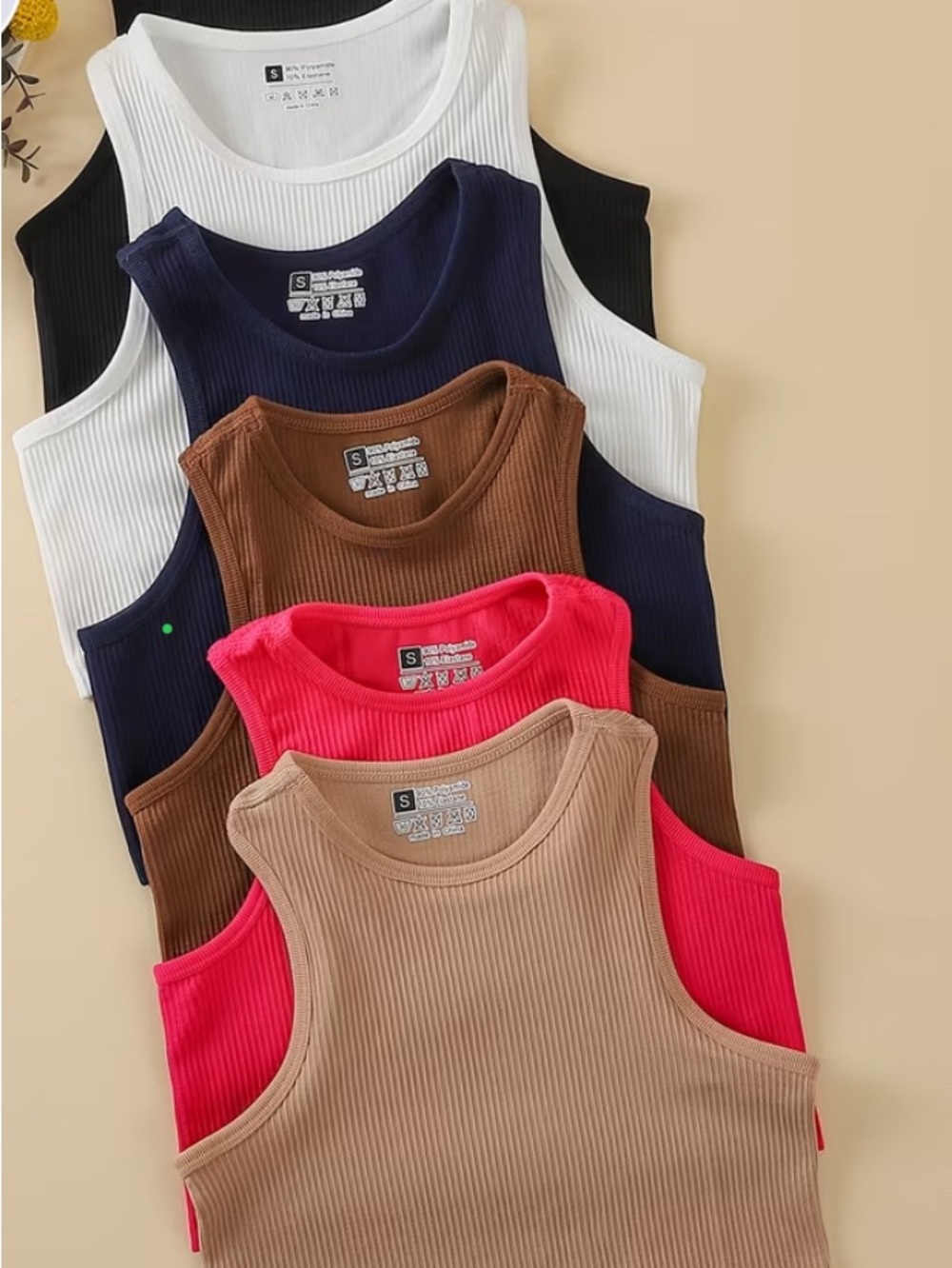 6 Ribbed Tank Top - White, Navy, Brown, Pink, Tan, Black (Multi-Pack)